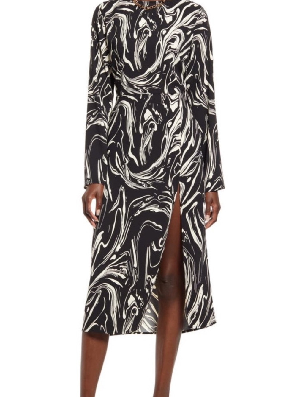 Black & White Swirl Midi Dress with Side Slit